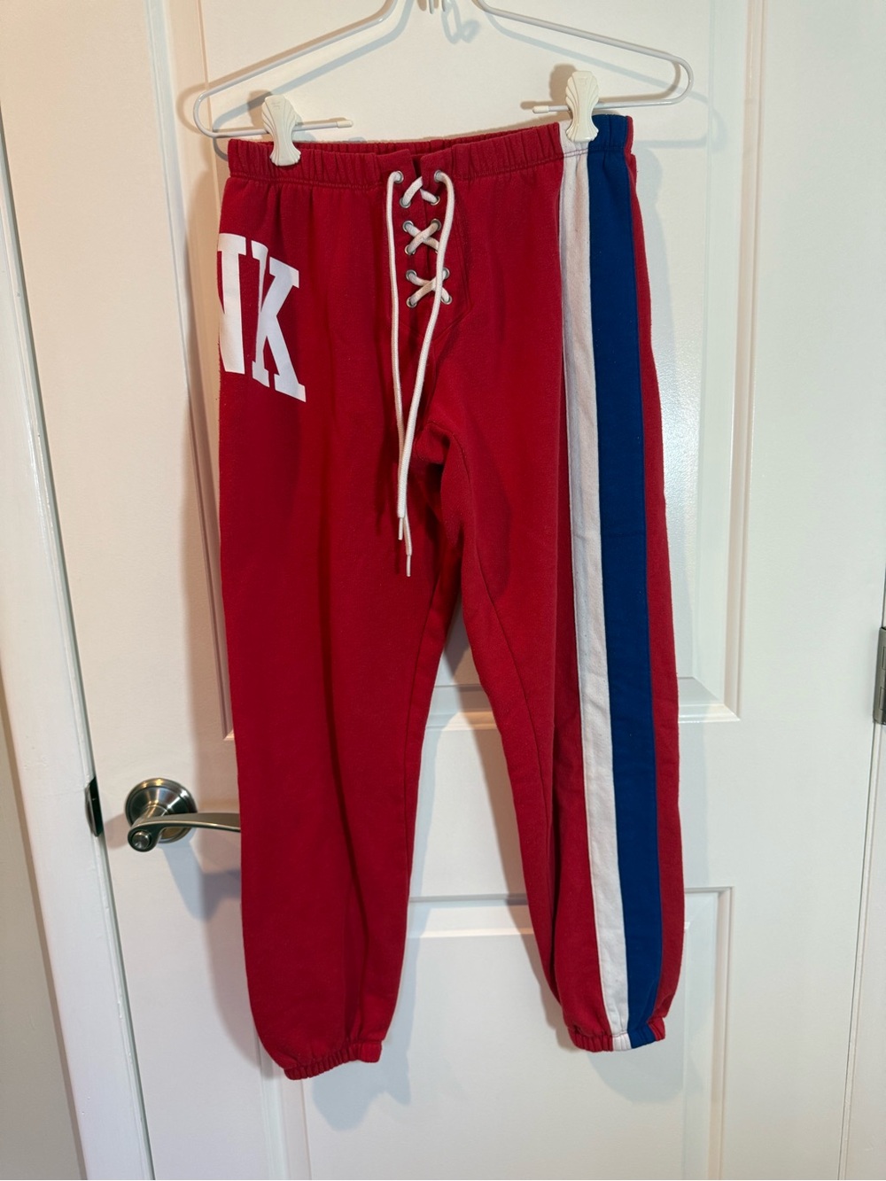 PINK Victoria's Secret Red Joggers with Blue & White Side Stripes